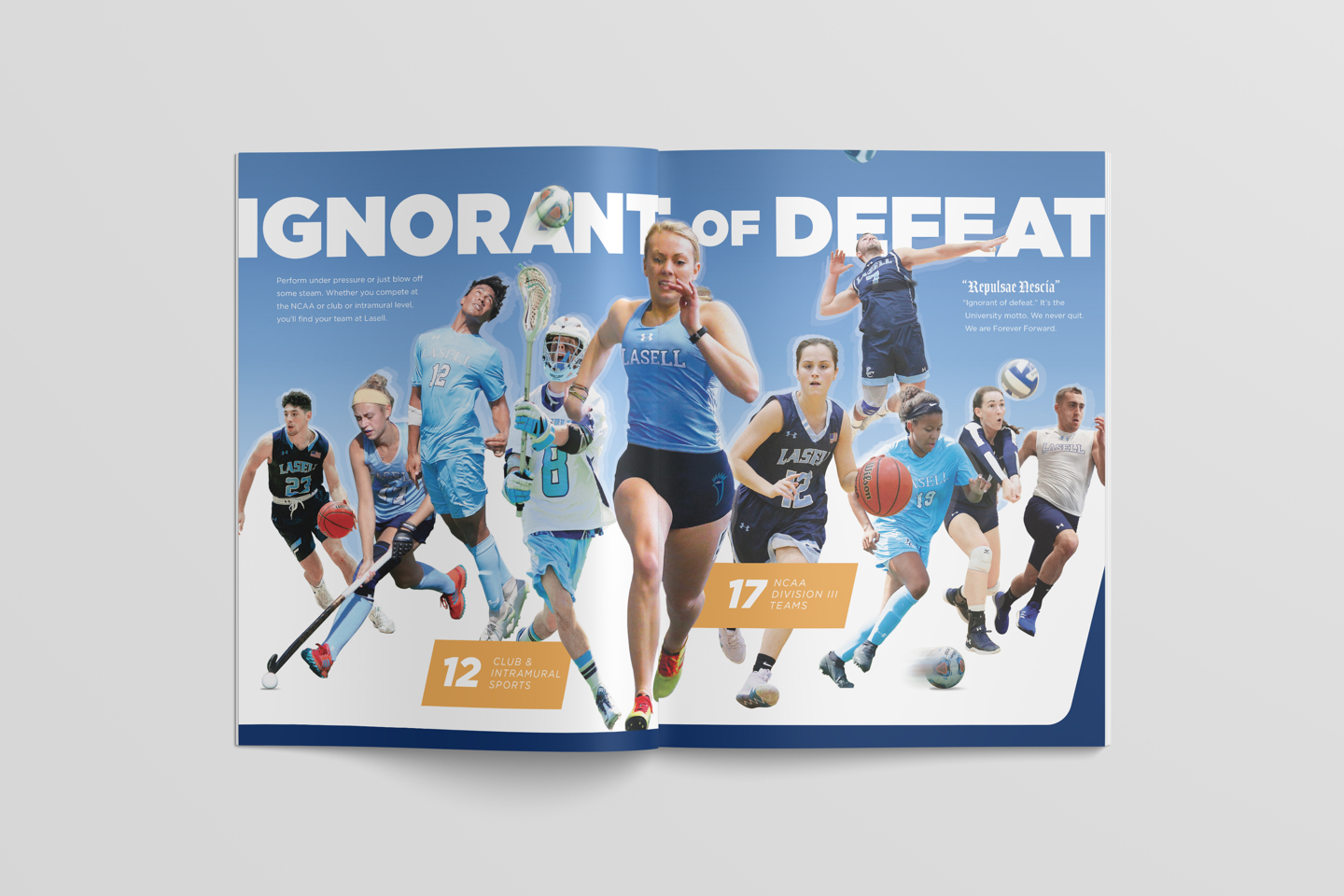 Open spread of view books with new Lasell University branding showing Ignorant of Defeat message.