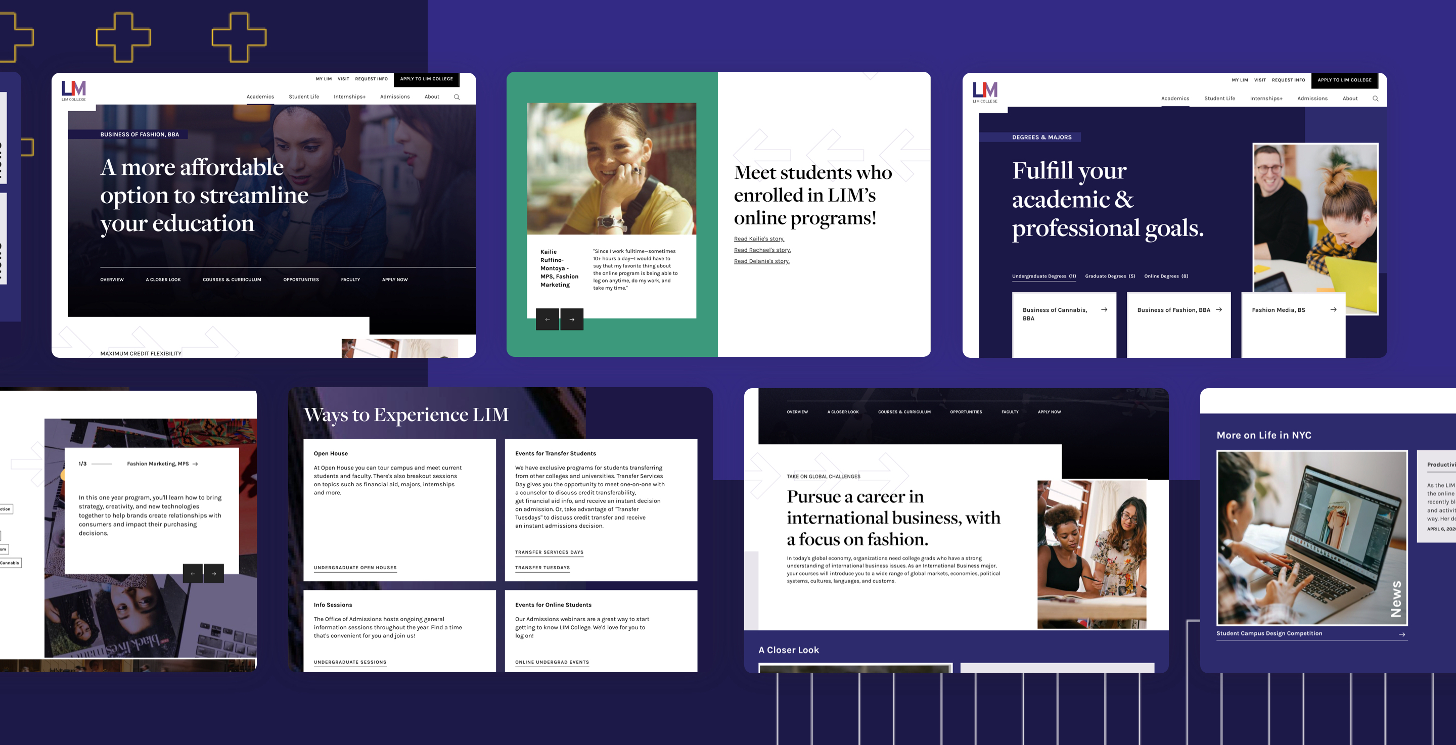 A variety of designed pages for the LIM College website.