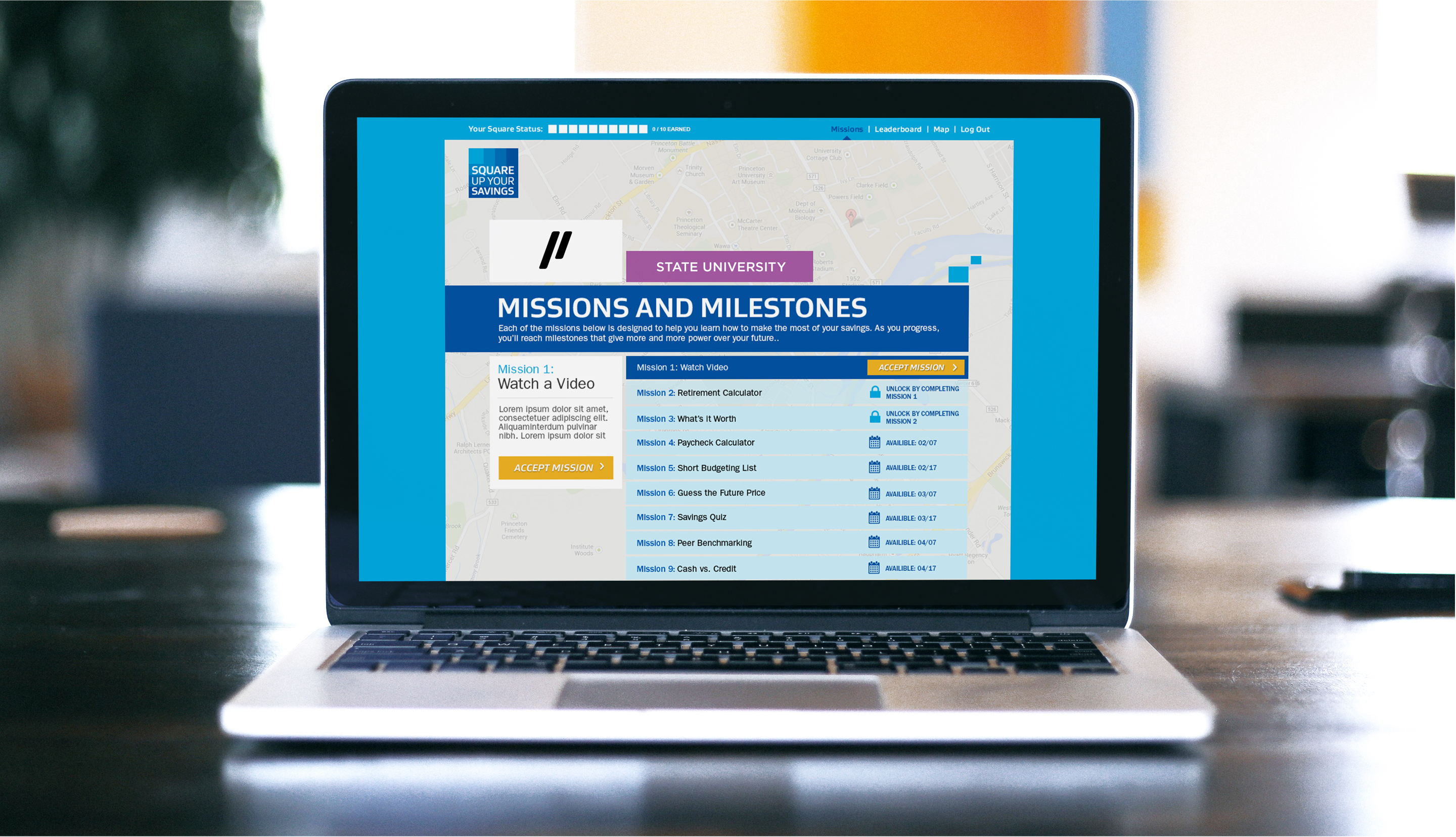 Computer screen with Missions and Milestones wording on the screen.