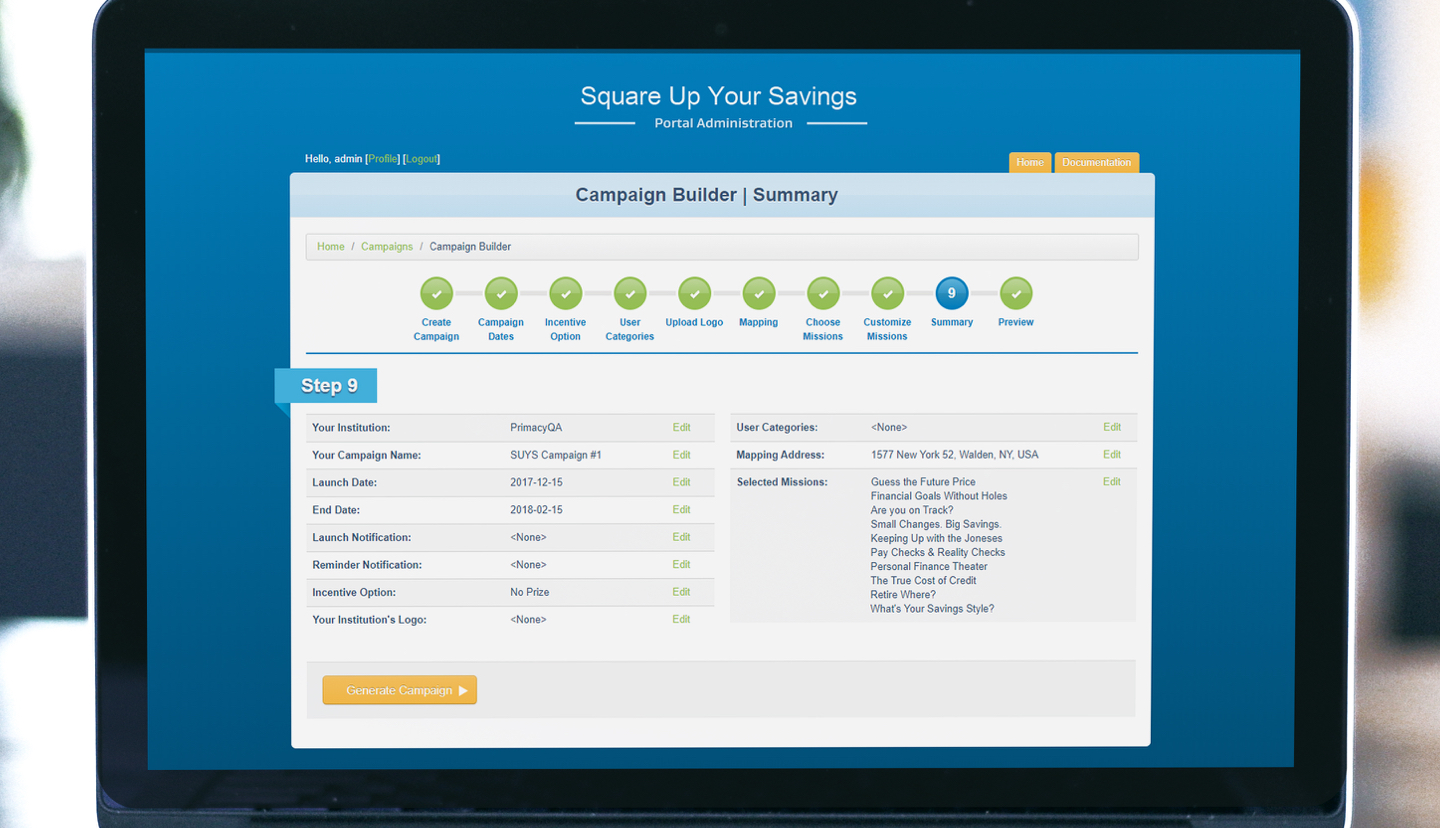 Screen showing a financial quiz.