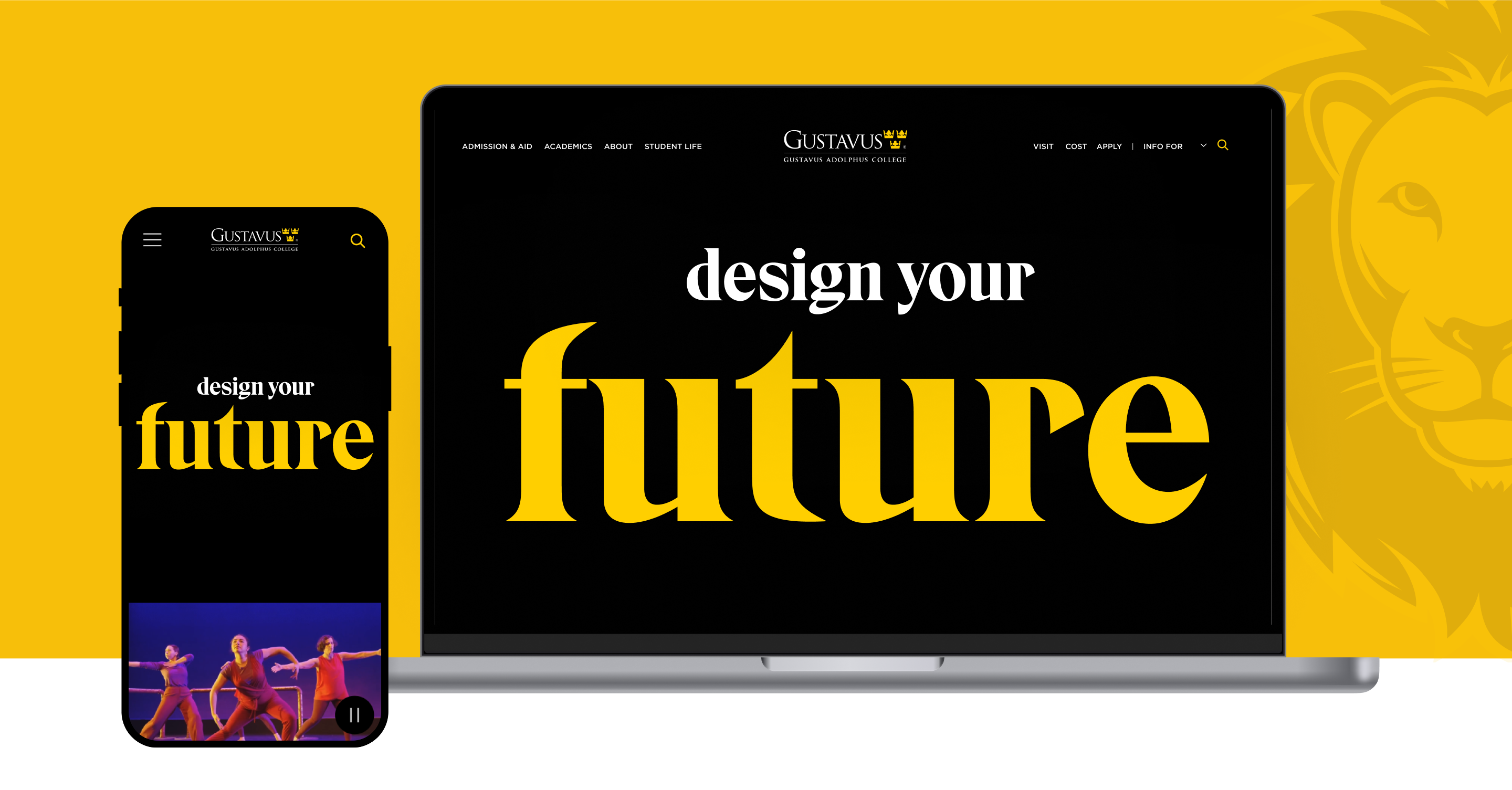 Gustavus website redesign on laptop and mobile