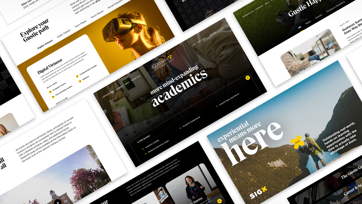 Gustavus website pages showcasing academics and student life