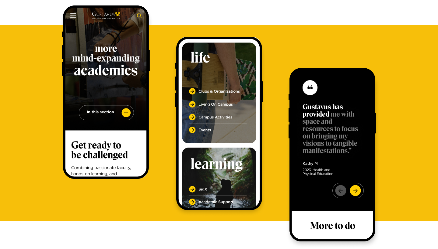 Mobile views of Gustavus site with academics and campus life