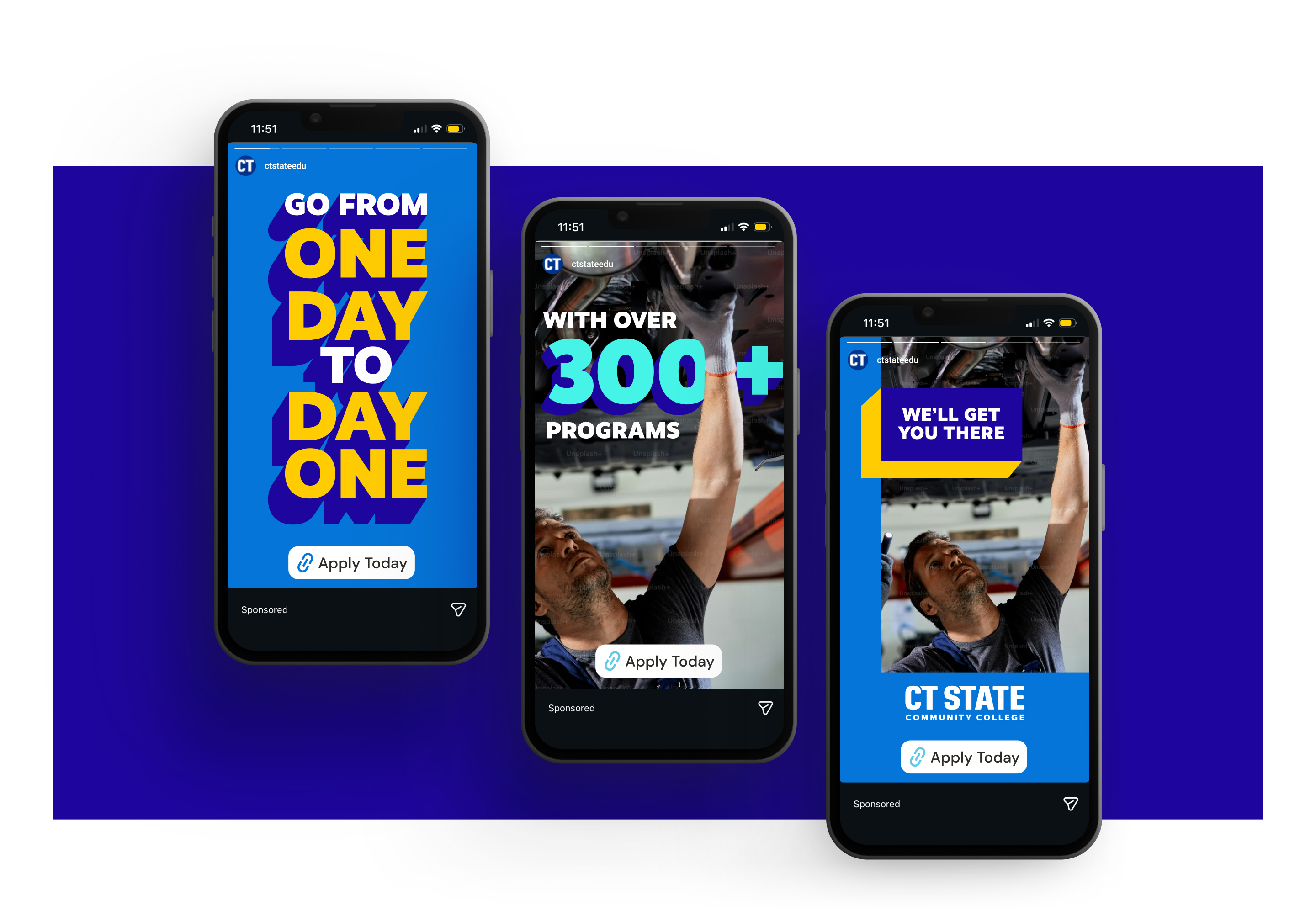 Three CT State mobile ads featuring bold campaign messaging and student imagery.