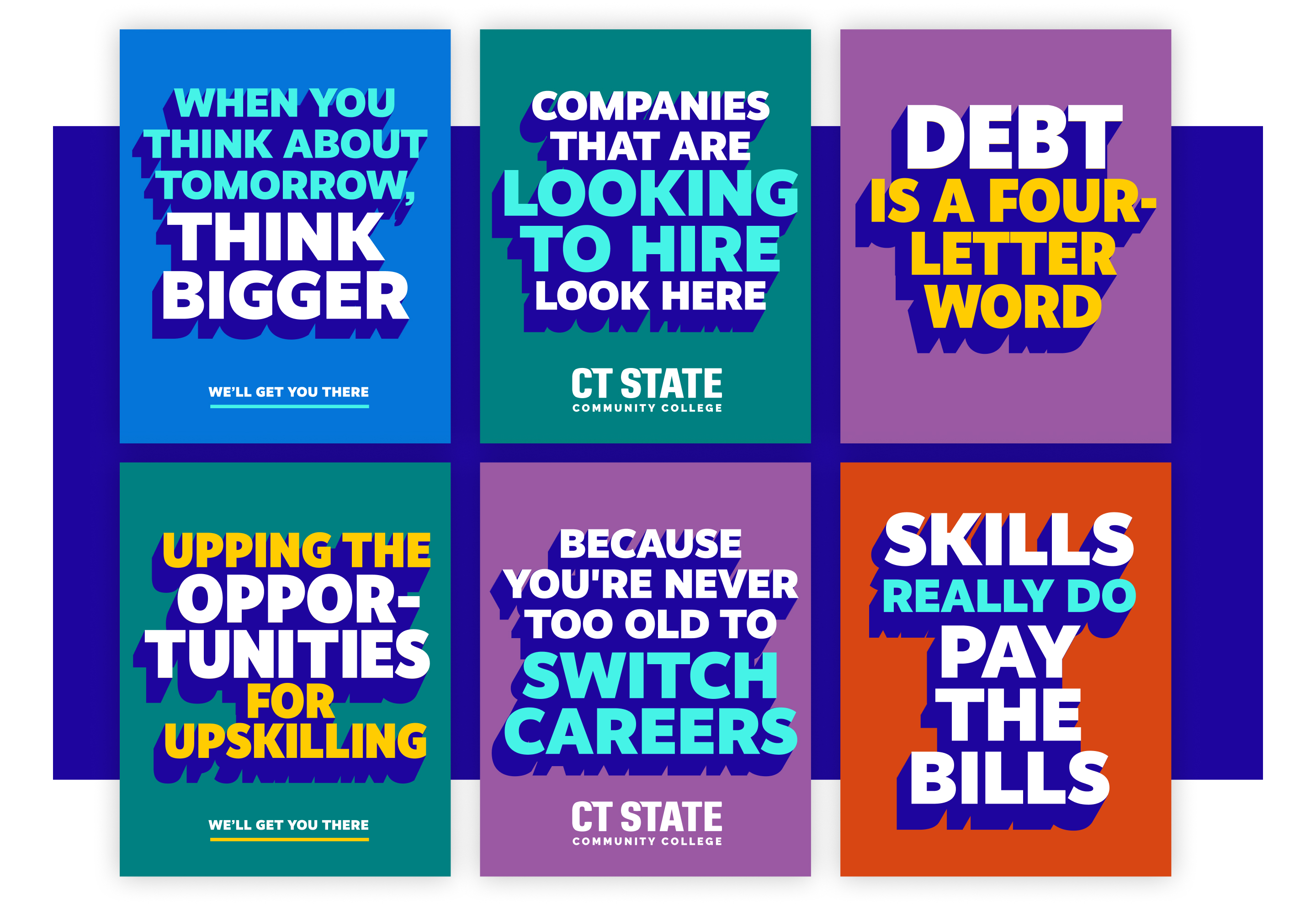 Six colorful CT State campaign ads featuring bold, dimensional typography.