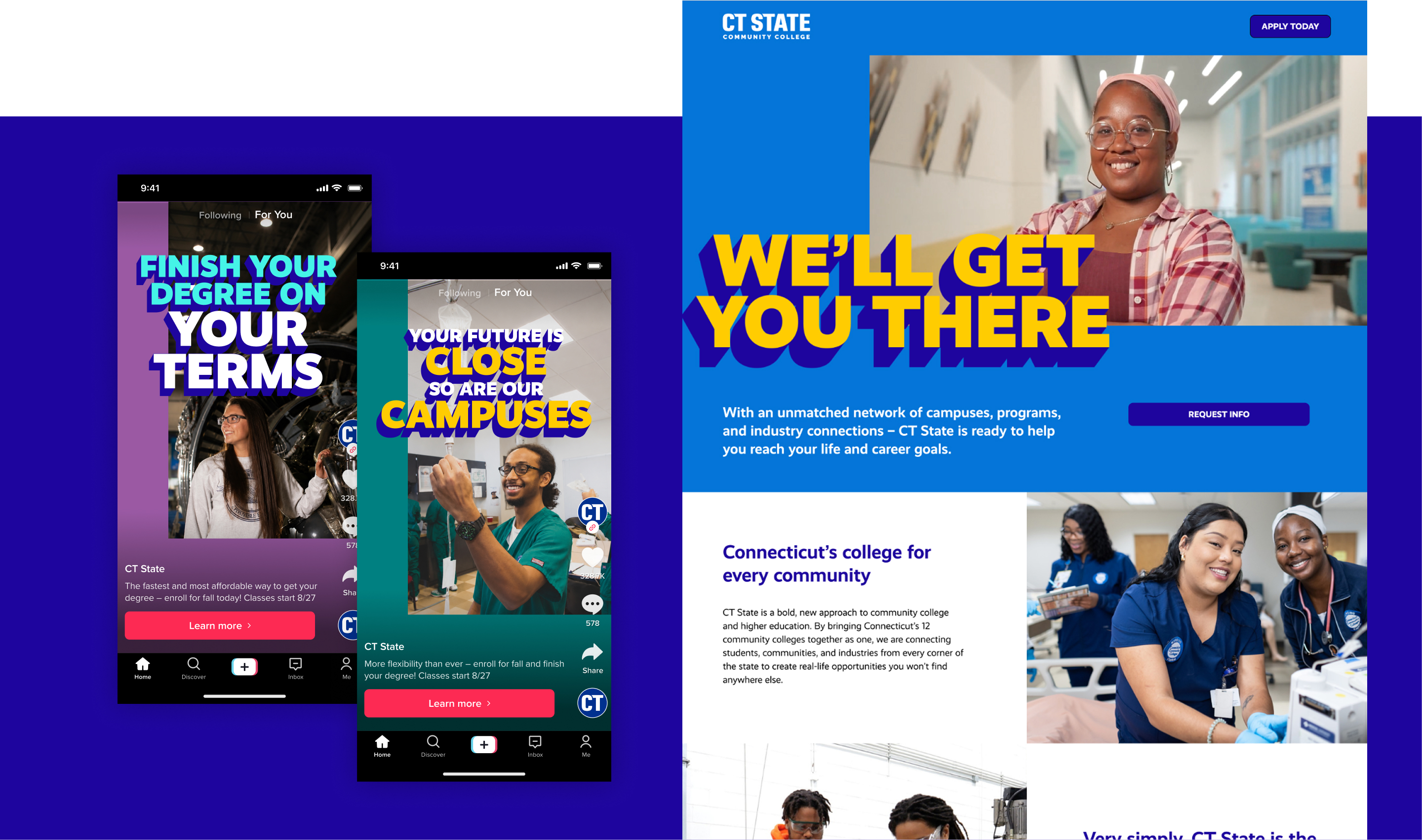 CT State social ads and website featuring students, campus imagery, and campaign messaging.
