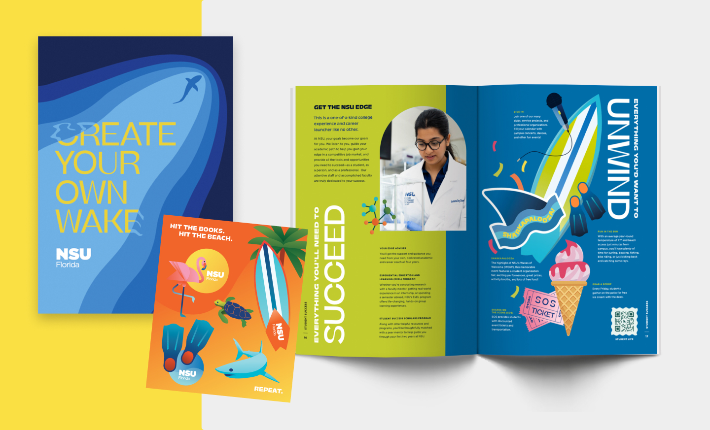 NSU Florida recruitment materials featuring colorful illustrations of surfing, beach life, academics, and student activities.