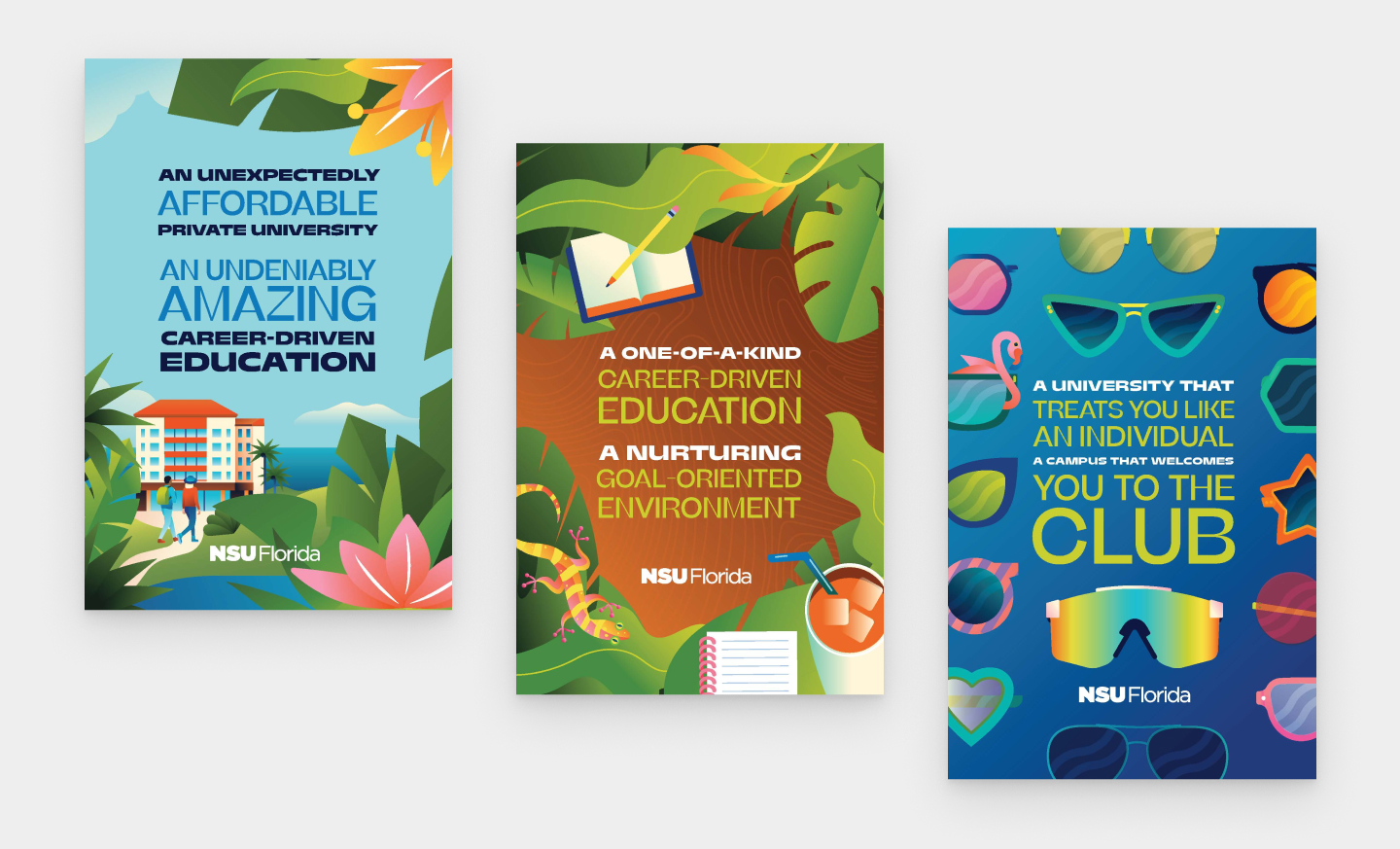 Three colorful NSU Florida recruitment posters featuring tropical, academic, and student-life illustrations.