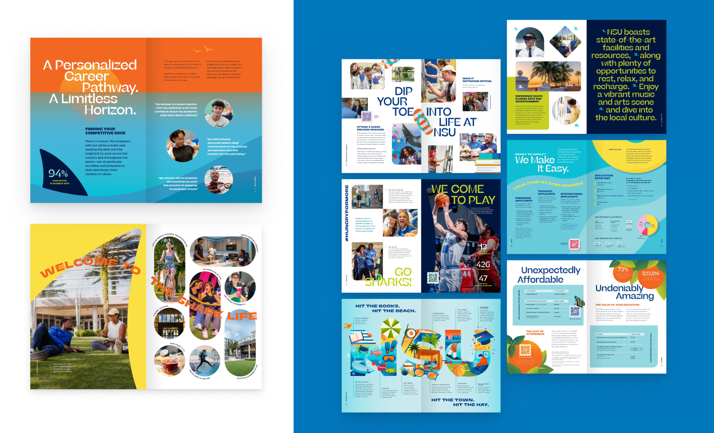 Collection of NSU Florida recruitment materials combining student photography, bold typography, illustrations, and admissions information.