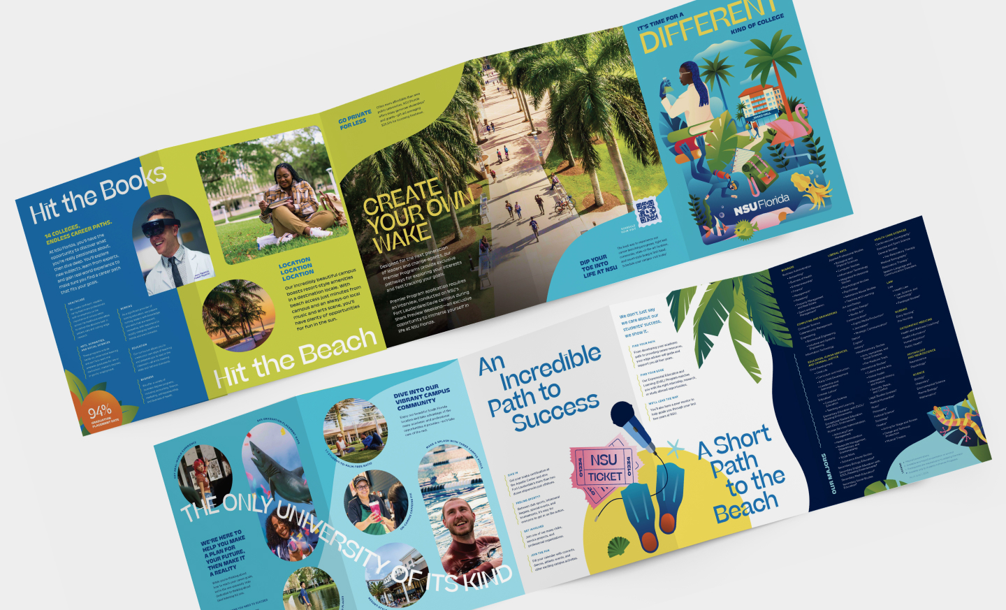 NSU Florida undergraduate recruitment brochure featuring campus photography, colorful illustrations, and student-focused messaging.