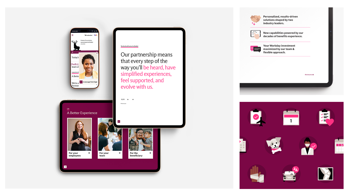 EB360 presentation on a phone and tablets, with a benefits slide and a set of maroon icons.