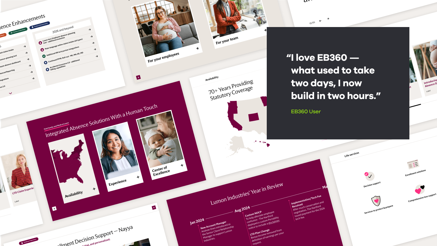 Collage of EB360 slides with a user quote: what used to take two days, I now build in two hours.