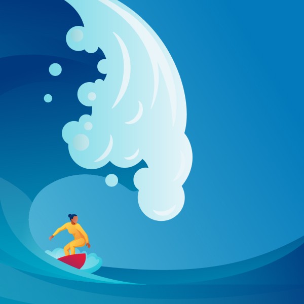 NSU thumbnail Illustration of a student surfing beneath a large curling ocean wave.