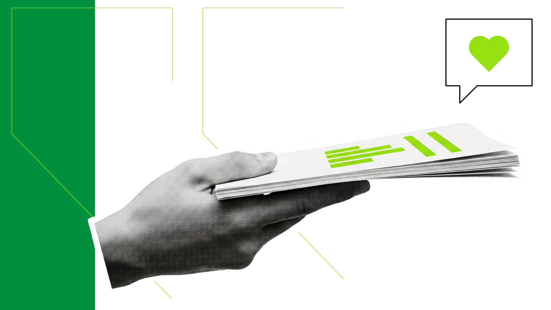 Minimalist editorial collage showing a hand presenting digital documents with green data accents and conversation icon, illustrating AI search behavior and the conversation funnel marketing model.